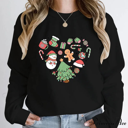 Cute Heart Tree Snowman Fashion Loose Round Neck Christmas Hoodie Black / S Christmas Hoodies-L