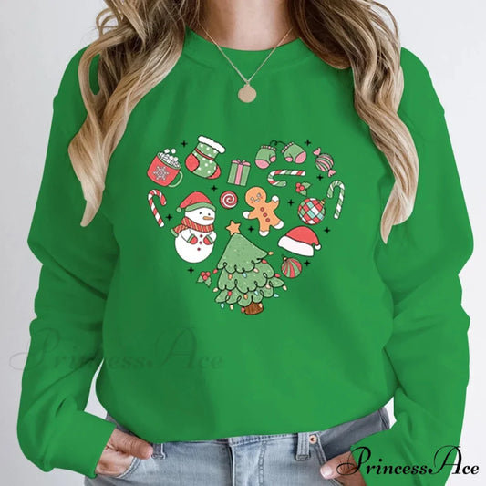 Cute Heart Tree Snowman Fashion Loose Round Neck Christmas Hoodie Green / S Christmas Hoodies-L