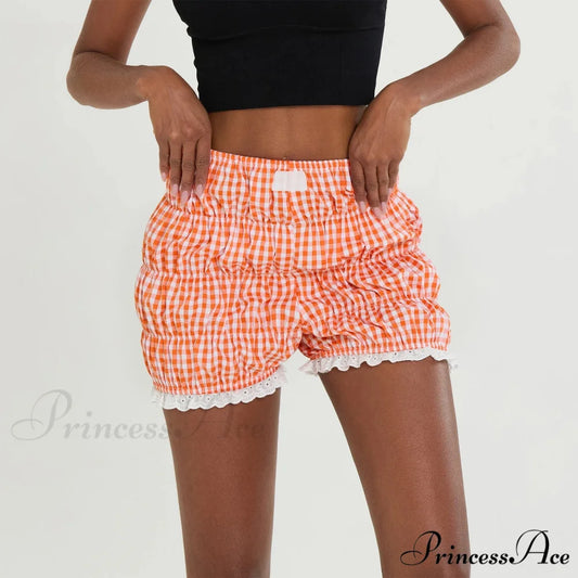 Cute Lace Hem Plaid Bloomer Short Orange / S short-250223