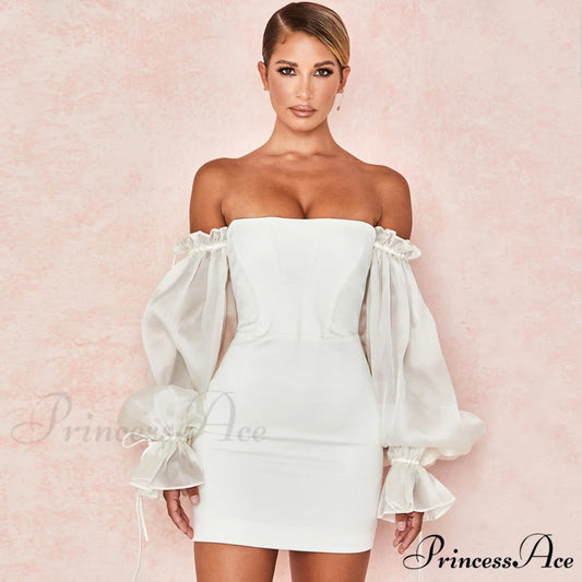Cute Off Shoulder Puff Sleeve Classic Bodycon Party Mini Dress - Black S / White
