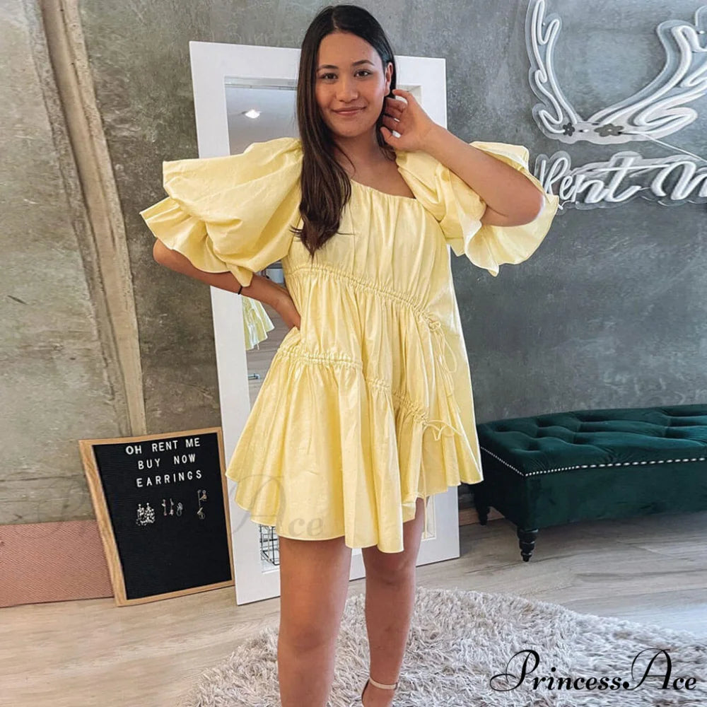 Cute Off Shoulder Puff Sleeve Classic Bodycon Party Mini Dress - White M / Yellow