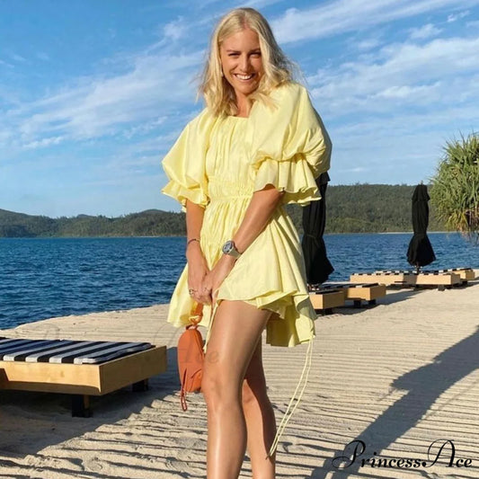 Cute Off Shoulder Puff Sleeve Classic Bodycon Party Mini Dress - White S / Yellow