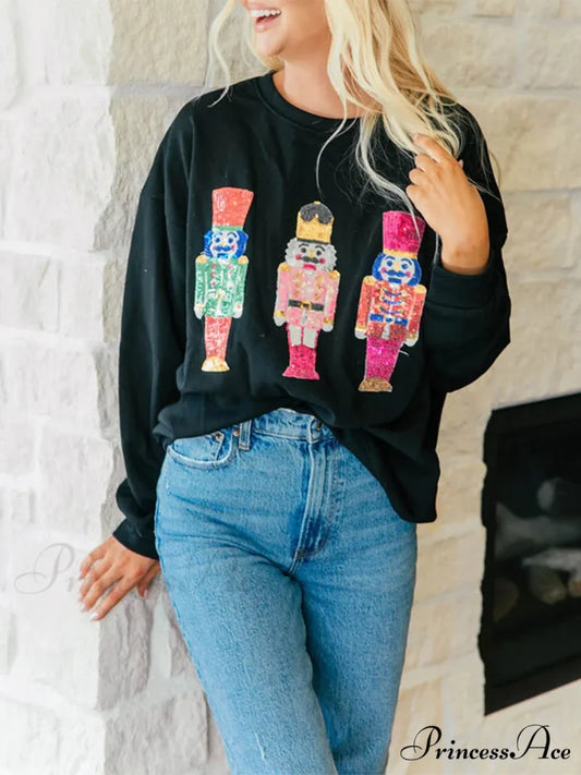Cute Ugly Sequin Graphic Nutcracker Holiday Christmas Hoodie Black / S Christmas Hoodies-L