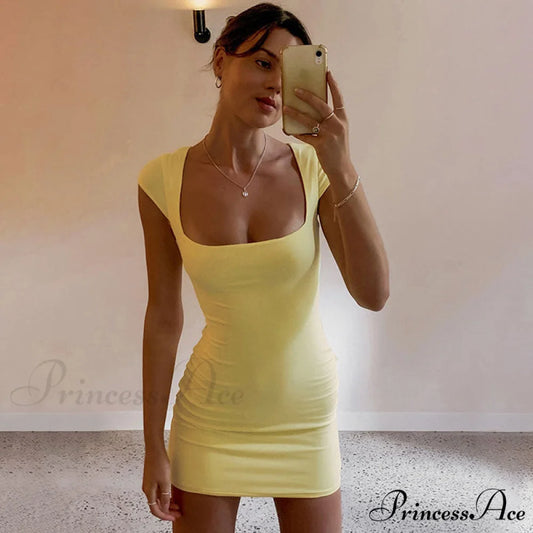 Cutout Back Short Sleeve Square Classic Neck Bodycon Mini Dress - Black S / Yellow