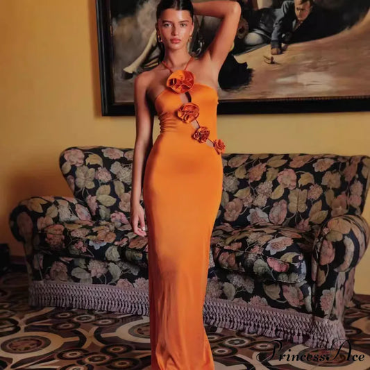 Cutout Floral Slim Fit Maxi Prom Dress orange / XS promdress-250223