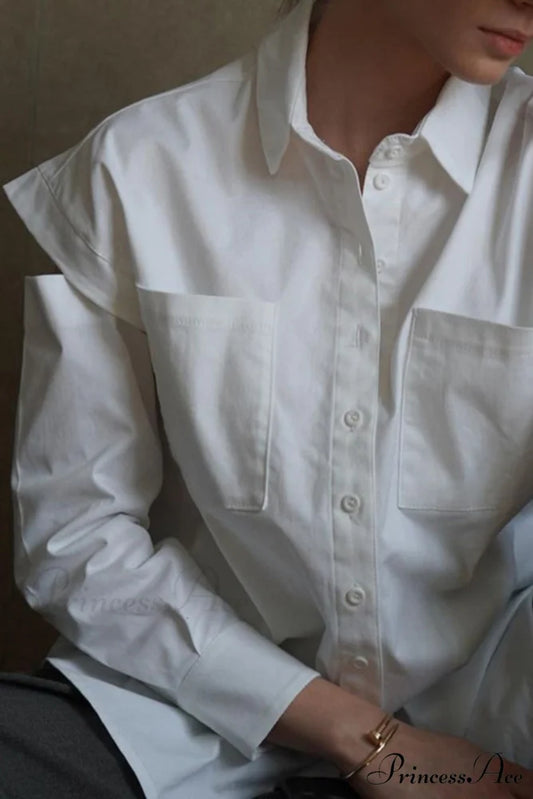 Cutout Long Tops Blouse White with Sleeves White / M