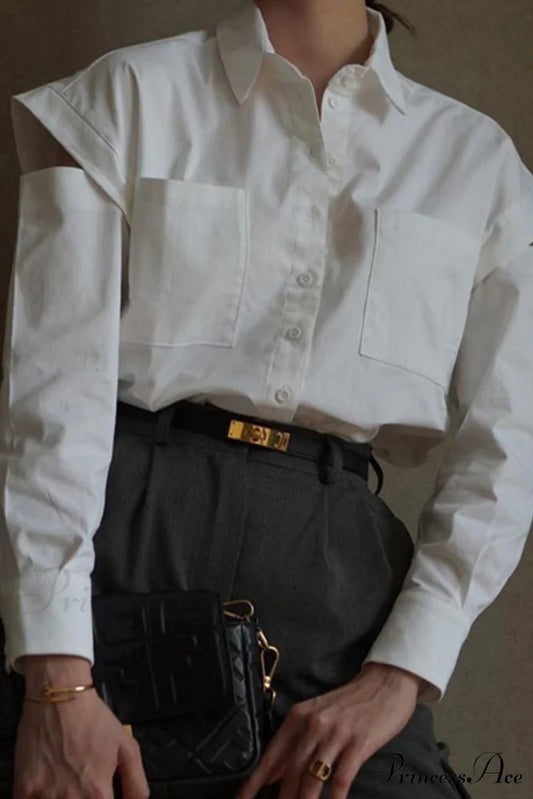 Cutout Long Tops Blouse White with Sleeves White / S