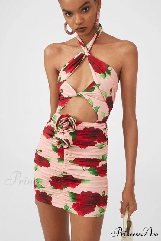 Cutout Ruched Floral Charming Jersey Mini Dress
