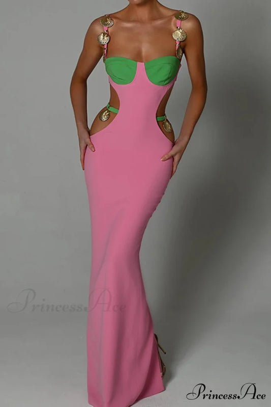 Cutout Slit Back Cami Dress with Contrast Detail Pink / M