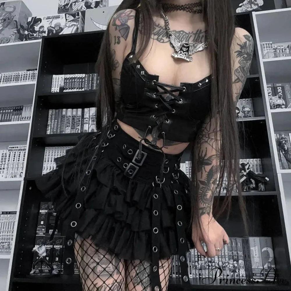 Cyber Gothic PU Leather Lace-up Y2K Emo Grunge Crop Top Black / S