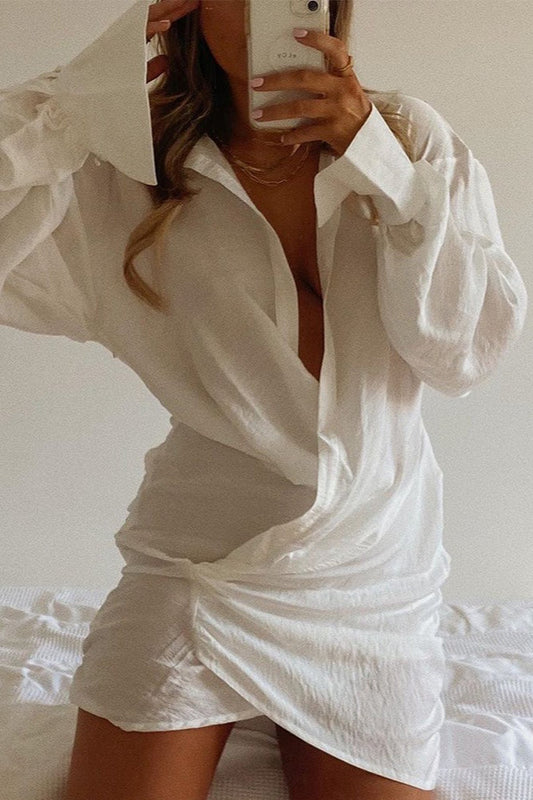 Long Sleeve Shirt Sexy Deep V Linen Mini Dress