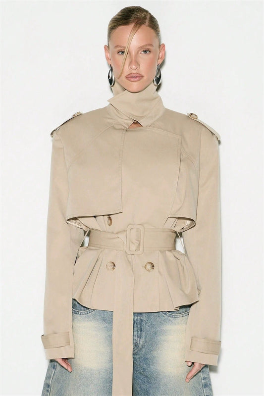 Cape Overlay Belted Short Trench Coat