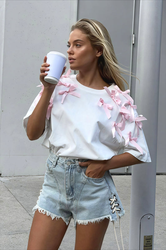 Cute Bowknot Ribbon Loose Short Sleeve T-shirt