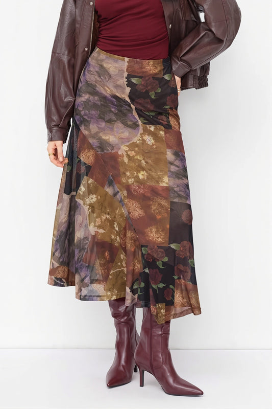 Floral Mesh Asymmetric Slit Midi Skirt