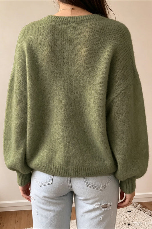Oversized V Neck Balloon Sleeve Knit Sweater