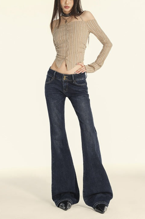 Low-Rise Double-Button Flare Jeans