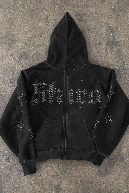 Gothic Rhinestone Letter Zip Hoodie