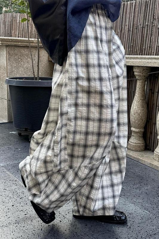 Casual Plaid Ruched Wide Leg Pants