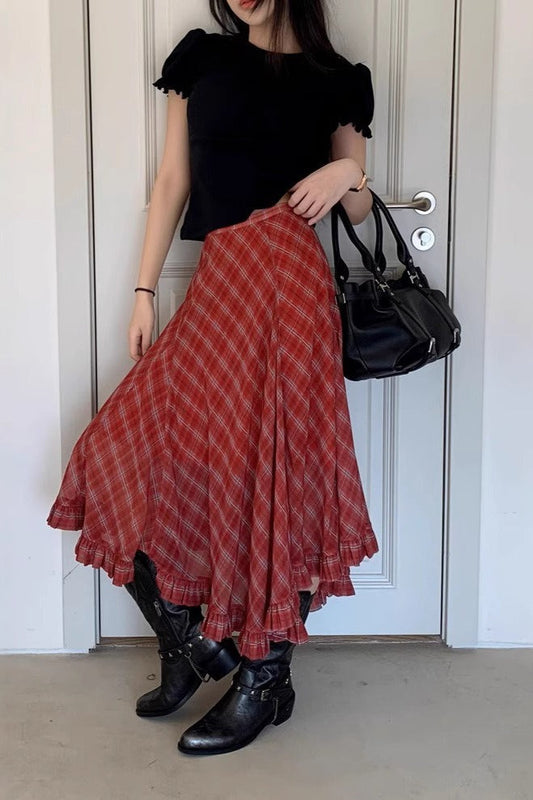 Vintage Two-Tone Plaid Asymmetrical Skirt