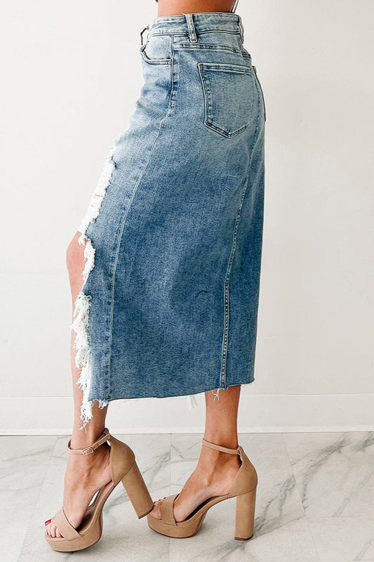 Asymmetrical Distressed Denim High-Waisted Skirt