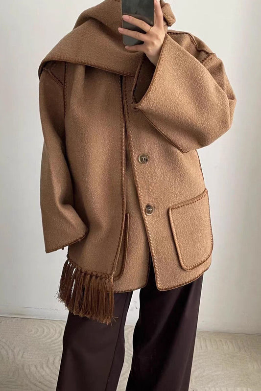 Scarf Collar Tassel Solid Wool Embroidered Coat