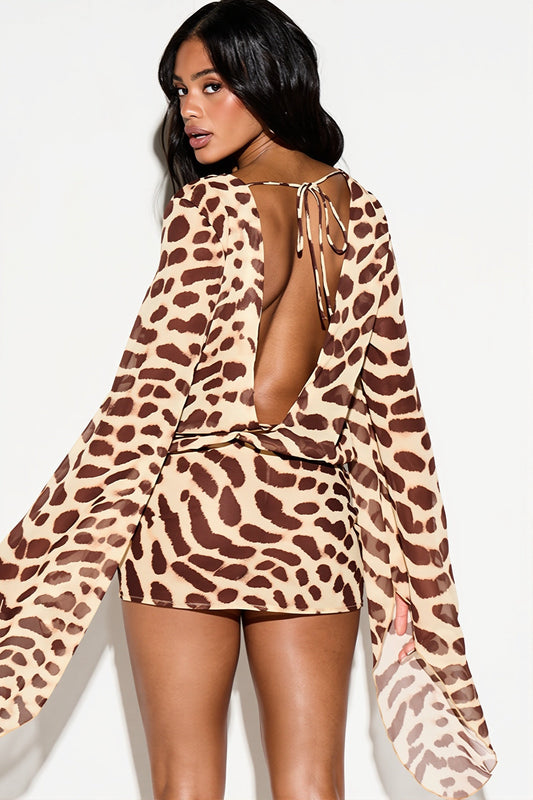 Leopard V Tie Wide Sleeve Flowy Mini Dress