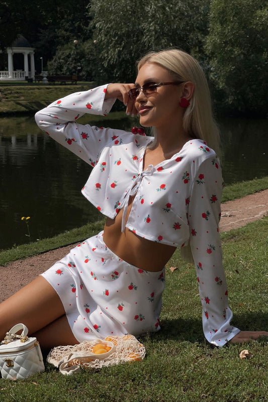 Printed Satin Long Sleeve Cardigan Skirt Two Piece Set