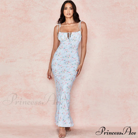 Daisy Printed Cowl Neck Side Slit Sophisticated Ruched Slip Midi Dress - Yellow S / Blue