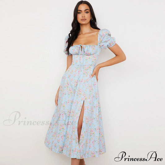 Daisy Printed Puff Sleeve High Classic Slit Smock Maxi Sundress - Green S / Light Blue