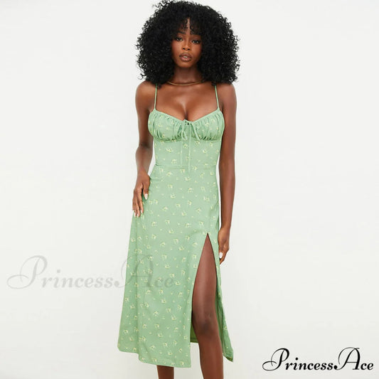 Daisy Printed Puff Sleeve High Classic Slit Smock Maxi Sundress - White S / Light Green