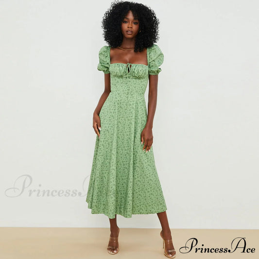 Daisy Printed Puff Sleeve High Slit Sophisticated Smock Maxi Sundress - Dark Yellow S / Green