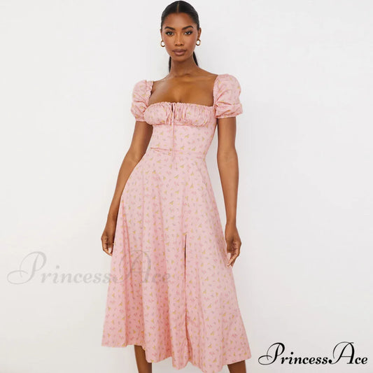 Daisy Printed Puff Sleeve High Slit Sophisticated Smock Maxi Sundress - Light Blue S / Pink