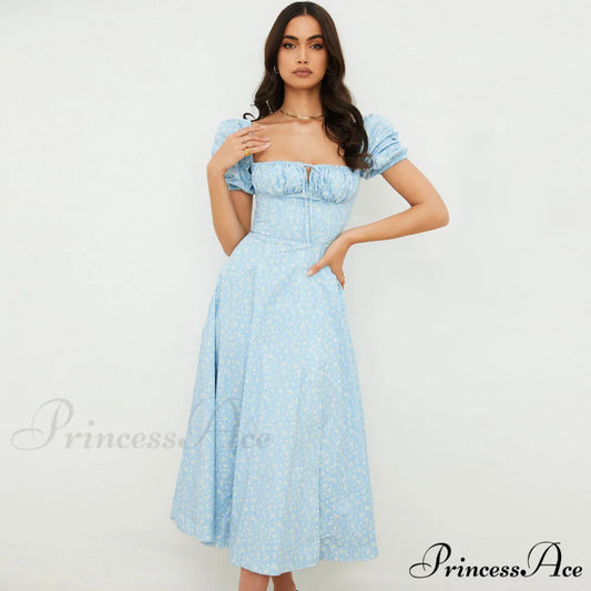 Daisy Printed Puff Sleeve High Slit Sophisticated Smock Maxi Sundress - Sage Green S / Sky Blue