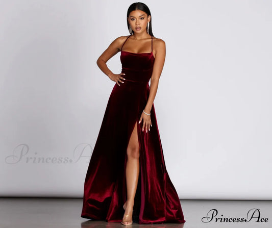 Dakota Velvet Lace Charming Up Evening Gown BURGUNDY / XS