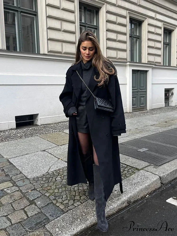 Dark Belted Woolen Overcoat coats-241228