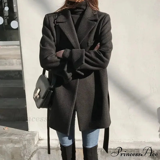 Dark Blazer Wool Mixture Lace-Up Overcoat Black Jackets / S overcoats-241228