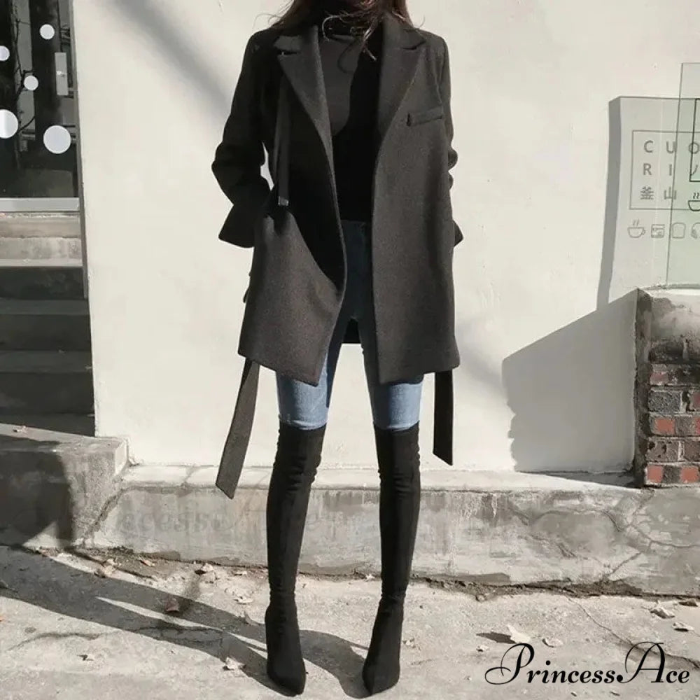 Dark Blazer Wool Mixture Lace-Up Overcoat overcoats-241228