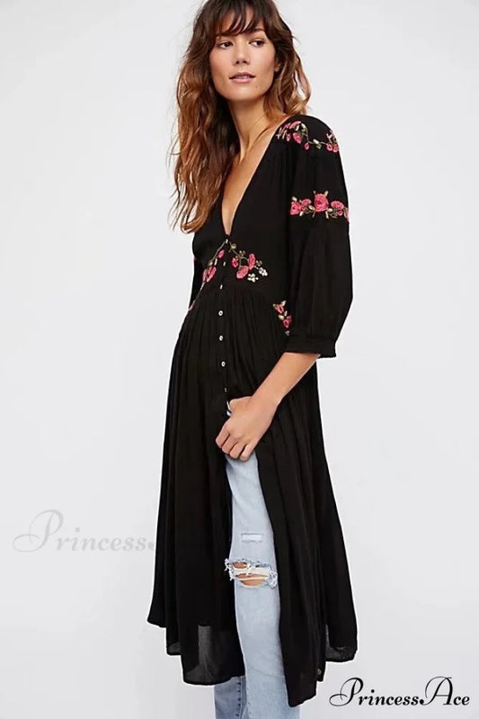 Dark Bohemian Extended Dress Flower Stitching V-neck Free-spirited Dress Black / S bohodress-250126