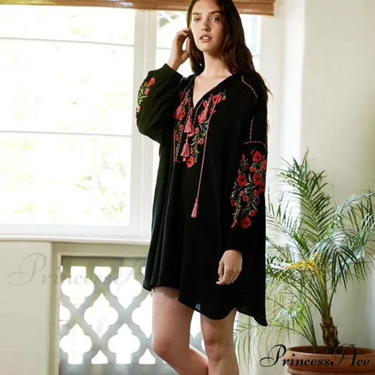 Dark Cotton Rayon Floral Stitching Seaside Dress Black / S bohodress-250126