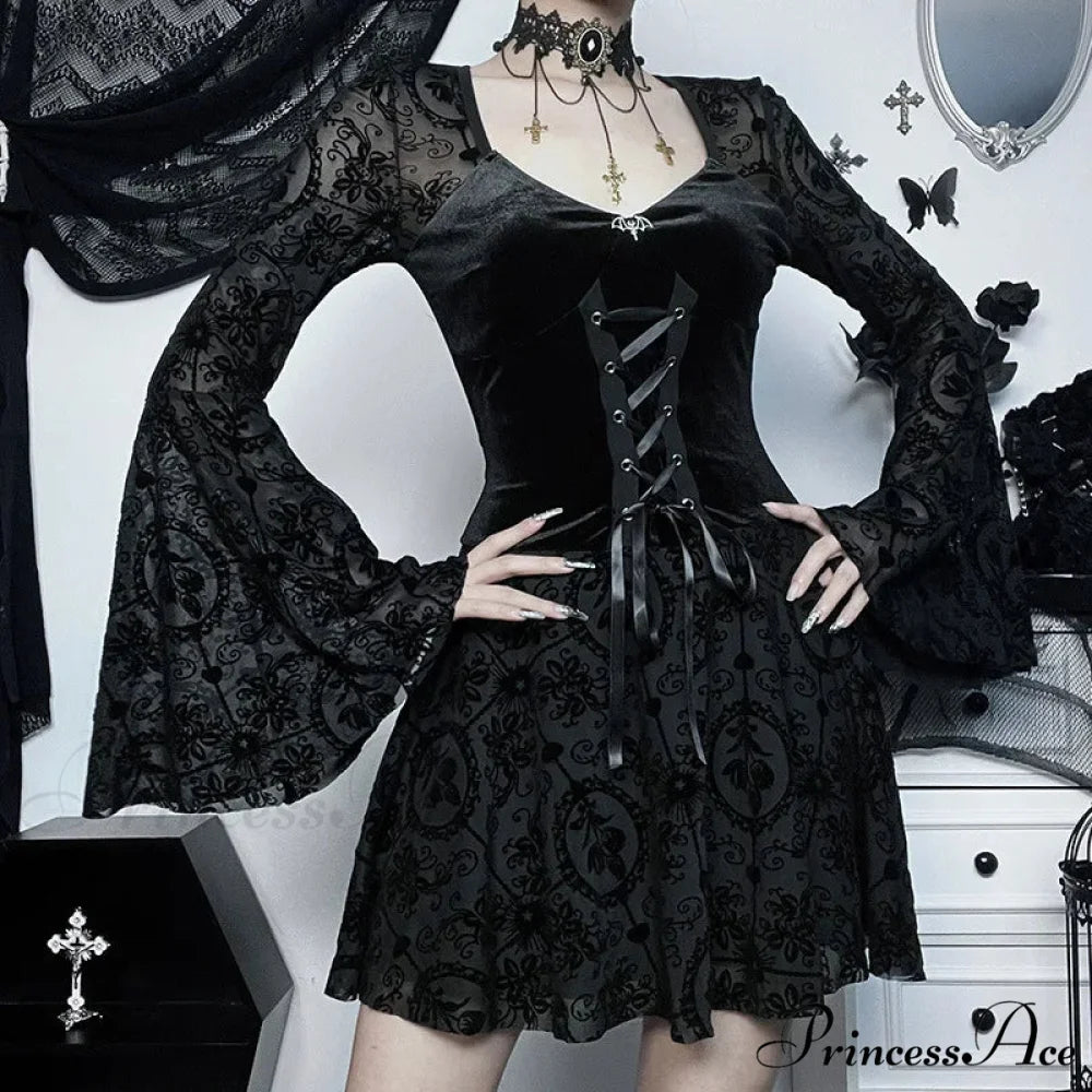 Dark Elegant Vintage Gothic Velvet Dresses Grunge Punk Style Flocked Bandage Flare Sleeve Party Dress