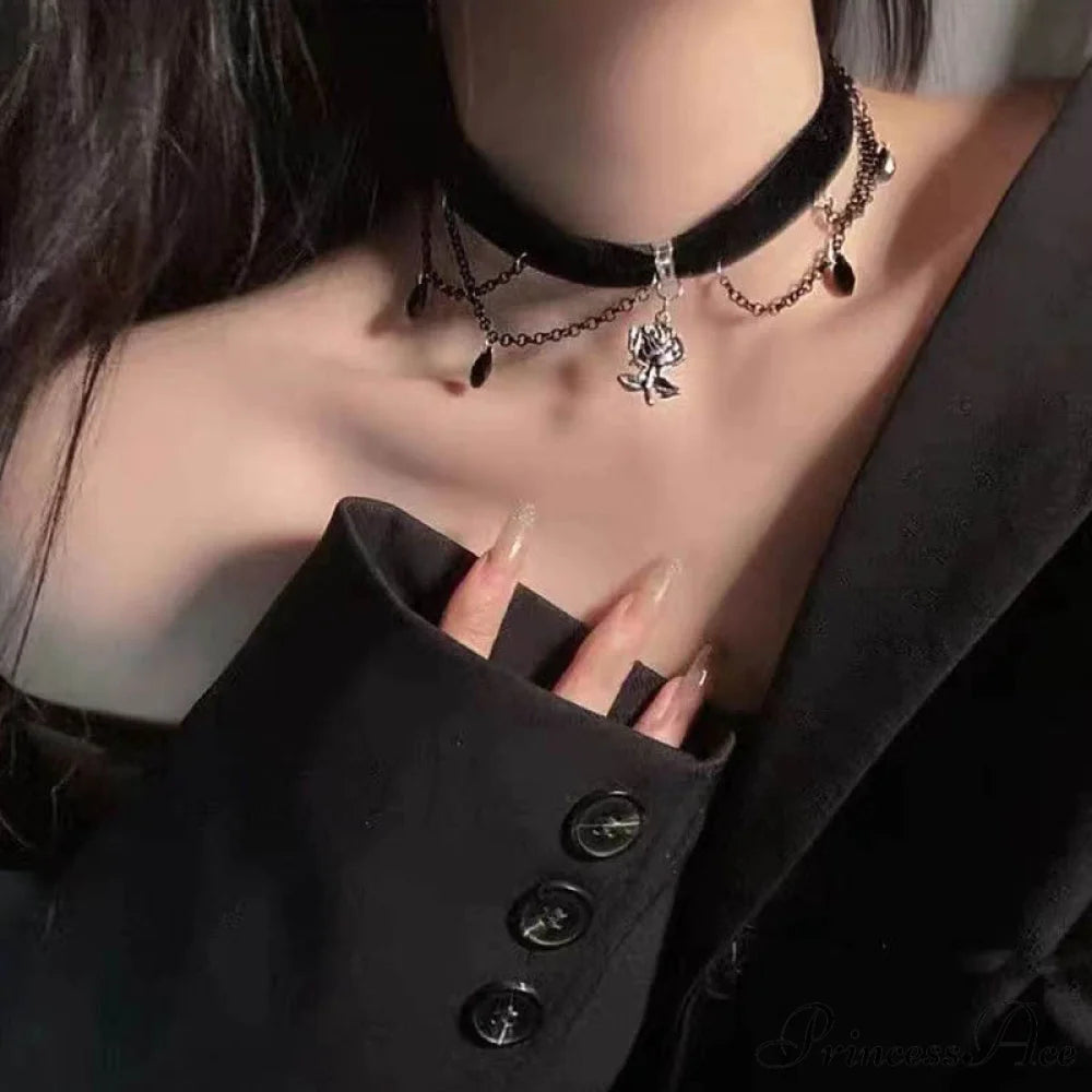 Dark Gothic Camellia Tassel Velvet Choker Hot Girl Necklace BLACK