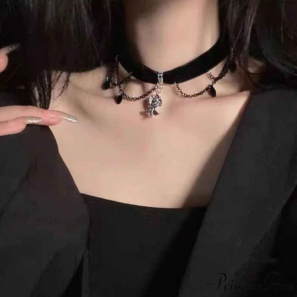 Dark Gothic Camellia Tassel Velvet Choker Hot Girl Necklace BLACK