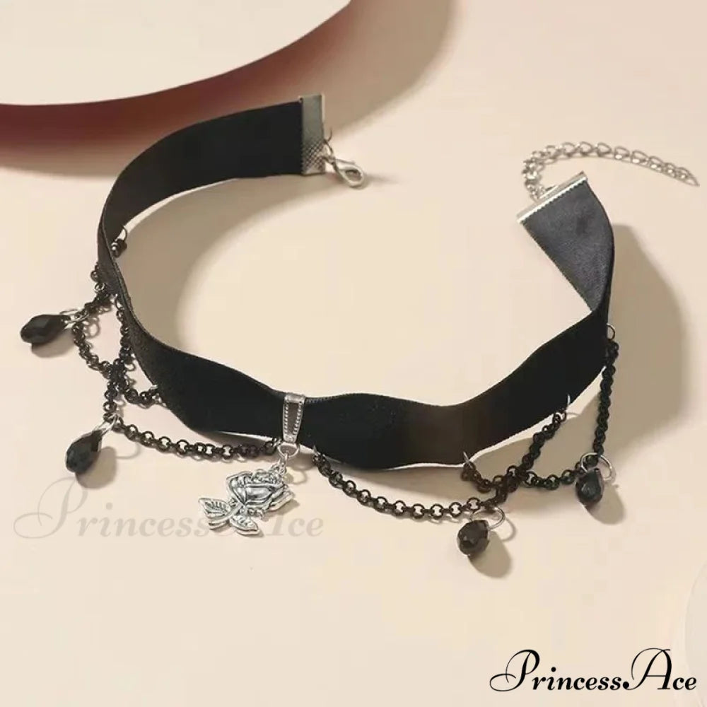 Dark Gothic Camellia Tassel Velvet Choker Hot Girl Necklace BLACK