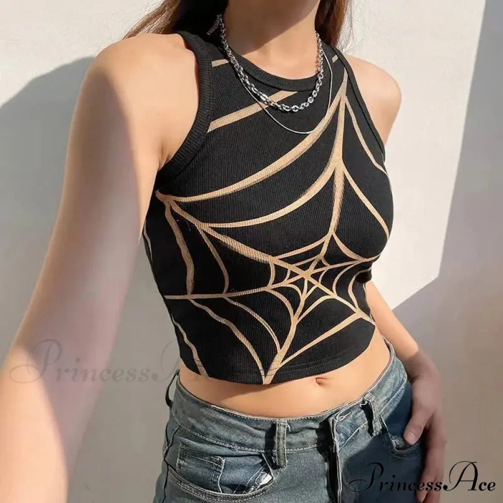Dark Grunge Spider Web Gothic Graphic Crop Top Black / S
