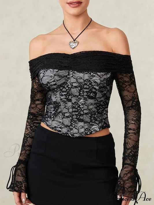 Dark Lace Blossom Transparent Off-the-shoulder Sleek Bodice Top croptop-250126