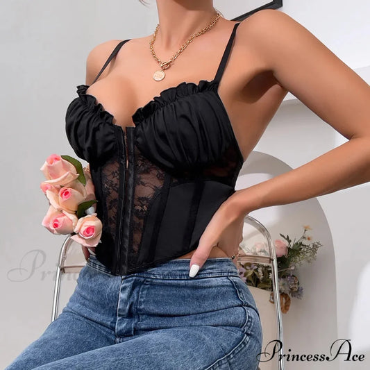 Dark Lace Folded Transparent Fishbone Spaghetti Top Black / S croptop-250126