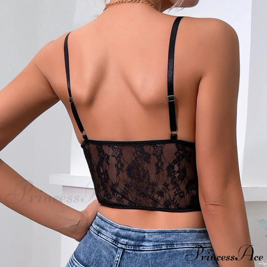 Dark Lace Folded Transparent Fishbone Spaghetti Top croptop-250126