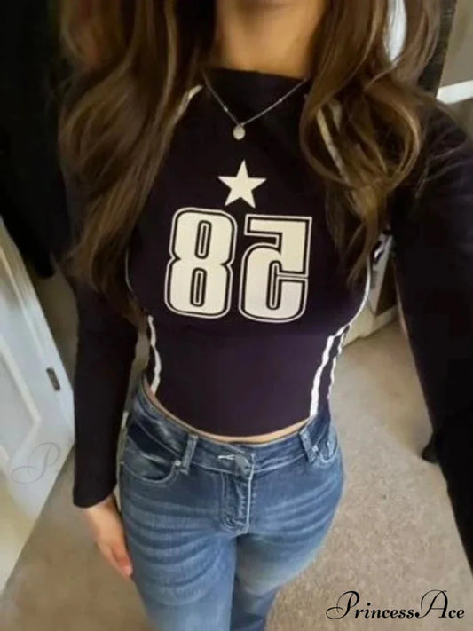 Dark Open Navel Message Printed Informal Long Sleeve Knit Top Black / S knittop-250126