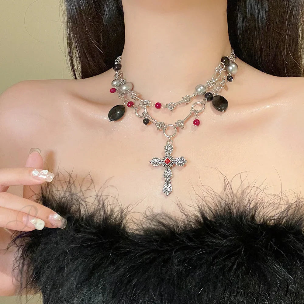 Dark Punk Layered Cross Sweet Cool Beaded Personality Necklace SILVER