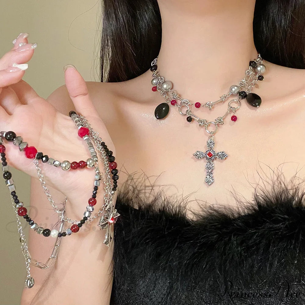 Dark Punk Layered Cross Sweet Cool Beaded Personality Necklace SILVER